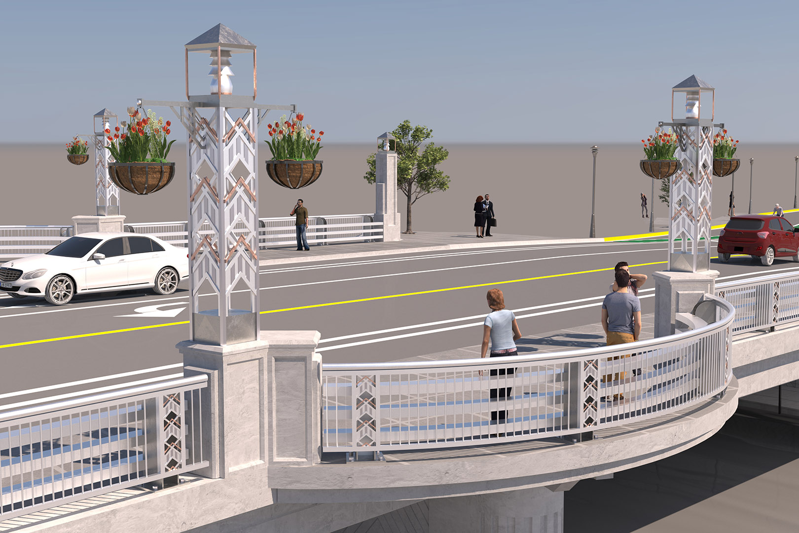 Rendering of overlook on North Bridge with all metal railing, custom column lights, and Pylon Group A