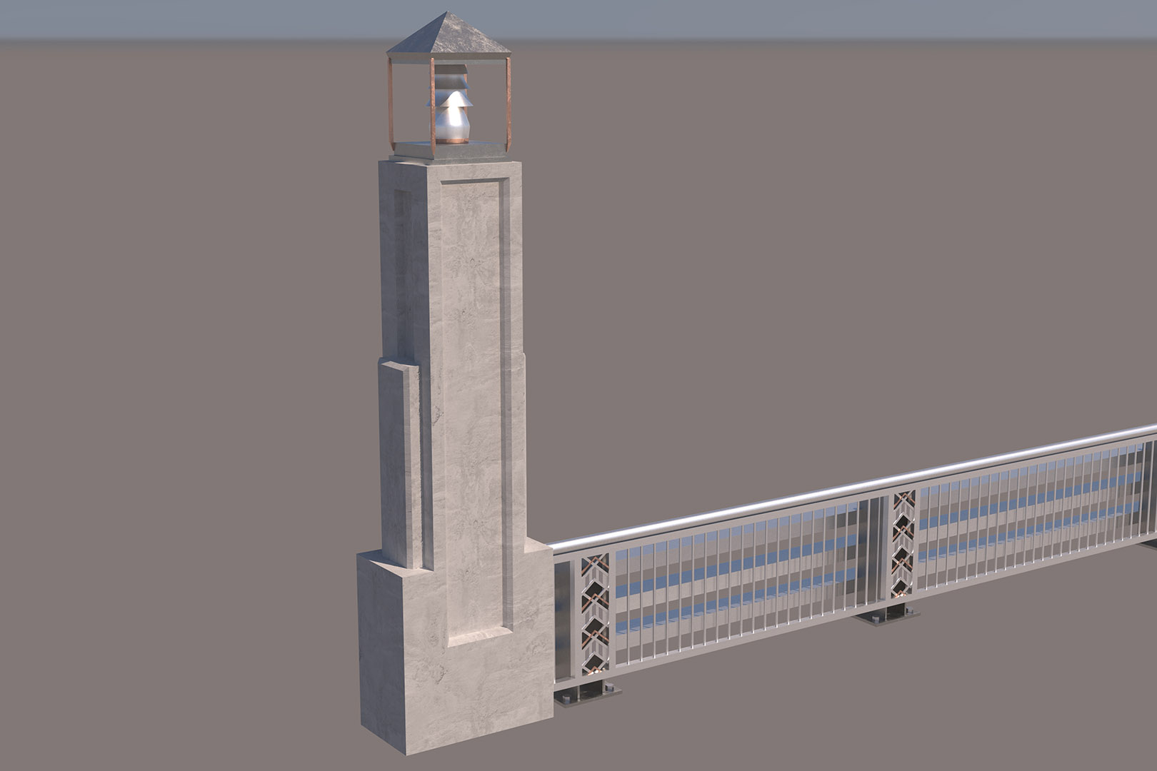 Rendering of Pylon with custom column light top at four corners of north and south bridges